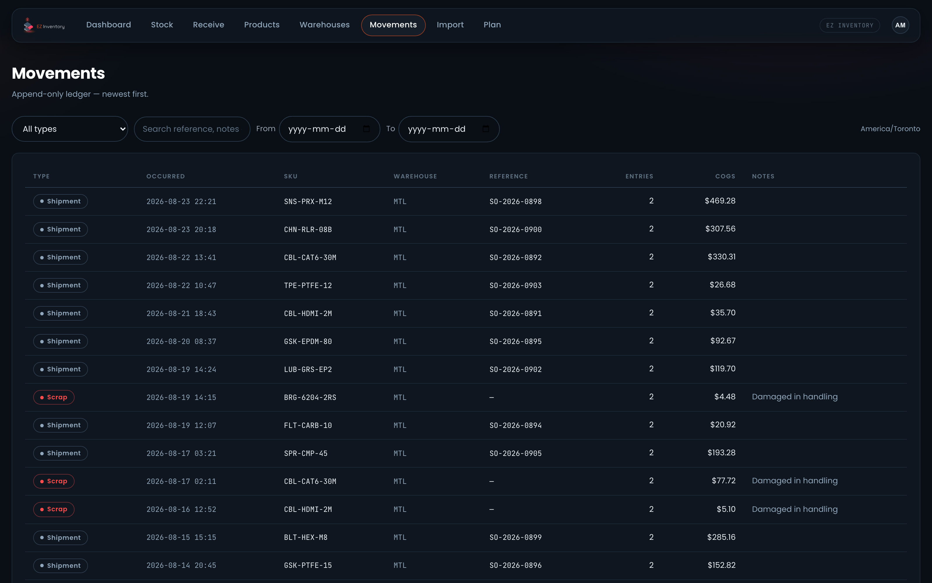 EzInventory movements page: an append-only ledger of receipts, shipments and scrap with per-movement cost of goods